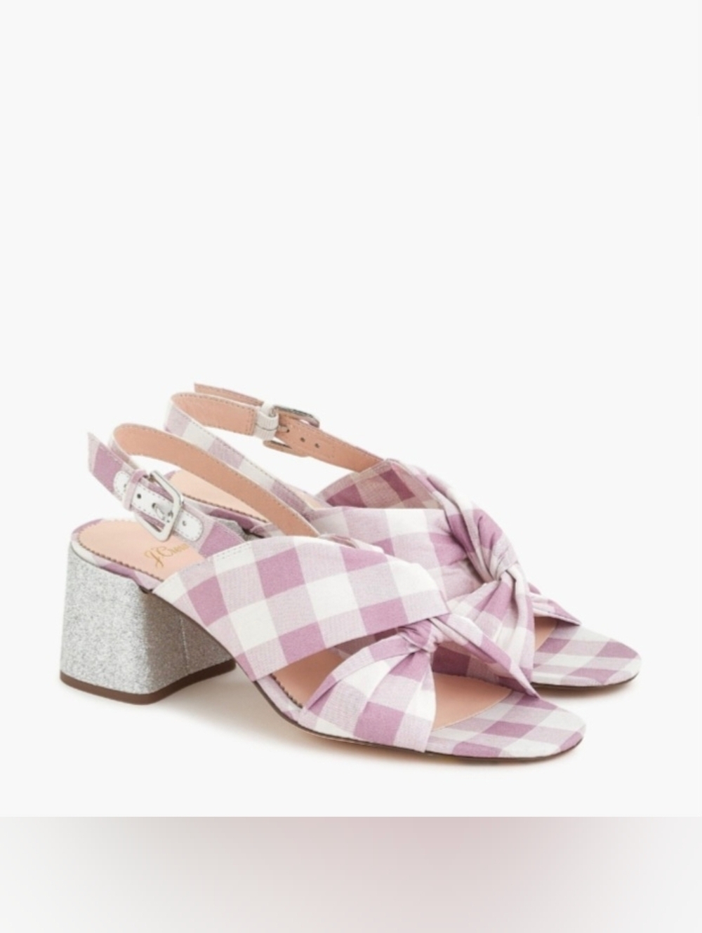 J.Crew Twisted Knot Penny Sandals 8.5 Gingham Glitter Block Heel Summer Pink